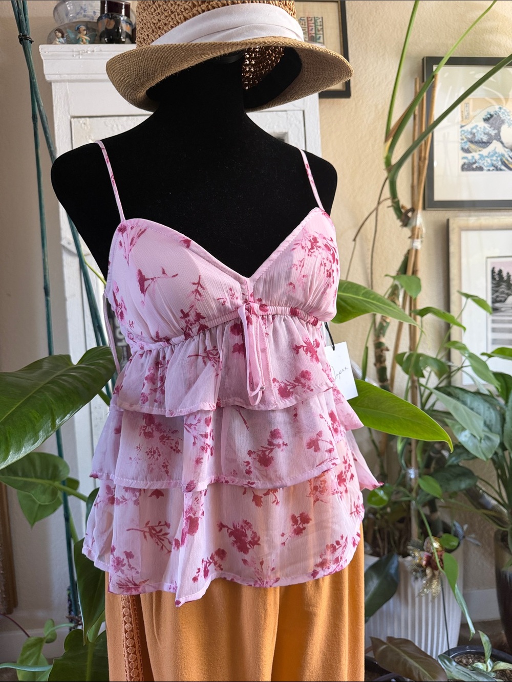 Floral Pink Tiered Ruffle Cami Top